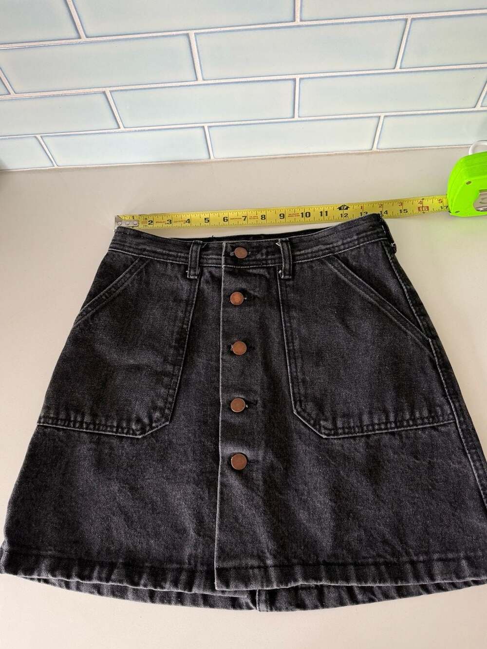 Button-Front Denim Mini Skirt Black Size S